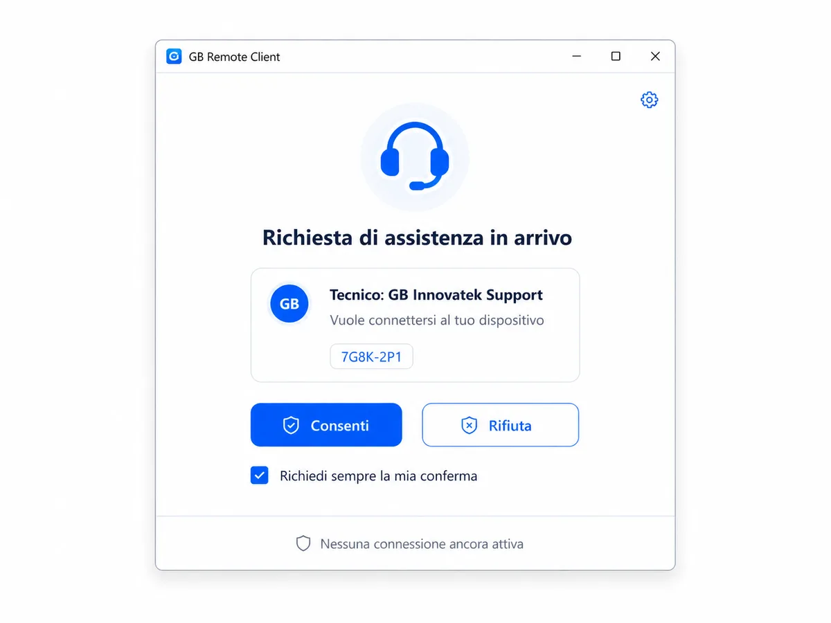 Applicazione cliente GB Remote con una richiesta di assistenza remota visibile